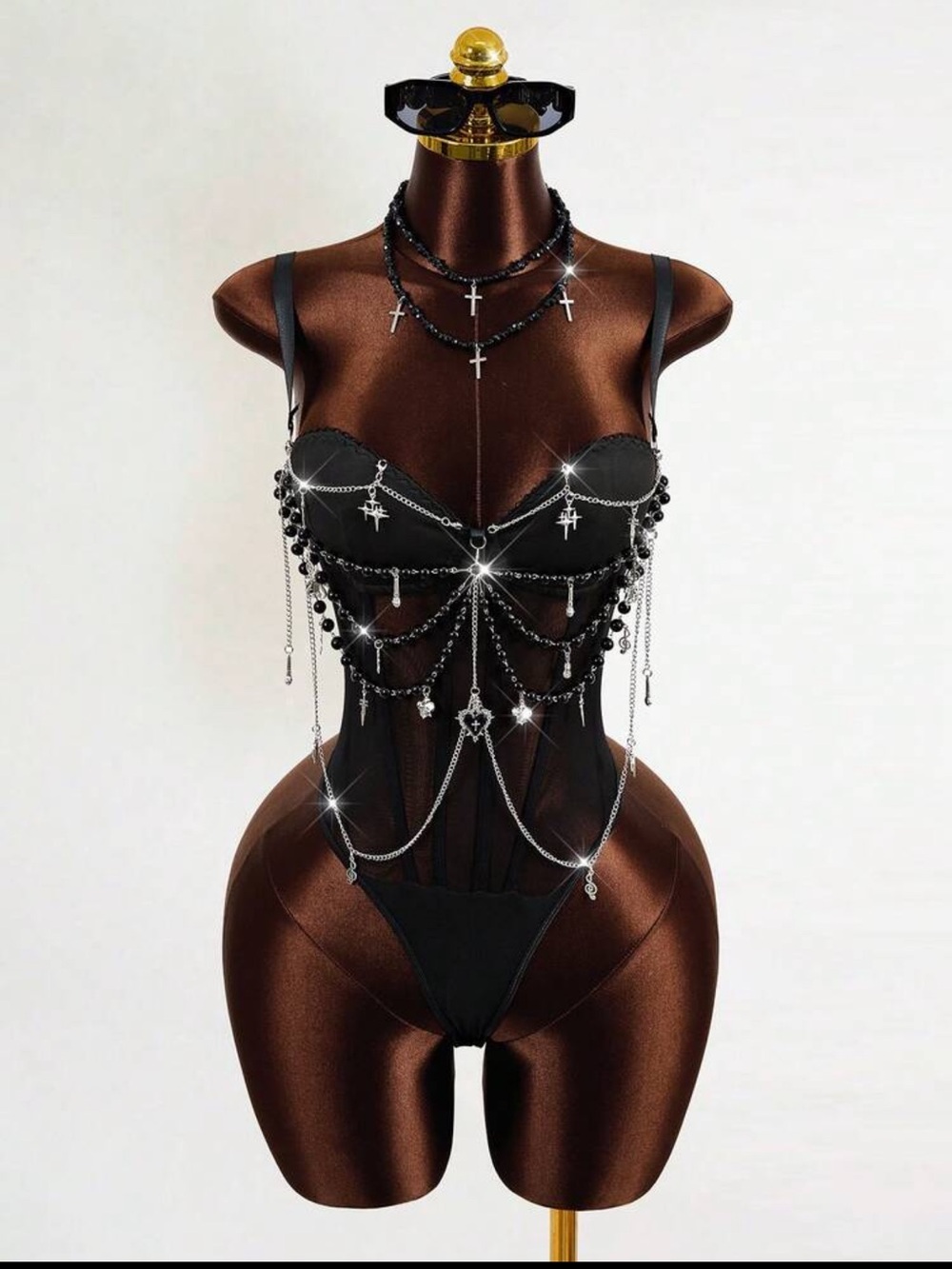 Black Embellished Chain Bustier Bodysuit